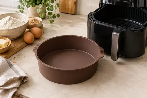Moule rond en silicone posé près d’une friteuse à air et d’ingrédients de pâtisserie sur un plan clair