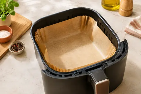 Feuille de papier cuisson carrée à bords relevés posée dans un panier de friteuse à air