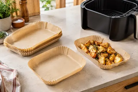 Feuilles rectangulaires préformées en papier cuisson près d’un panier de friteuse à air.