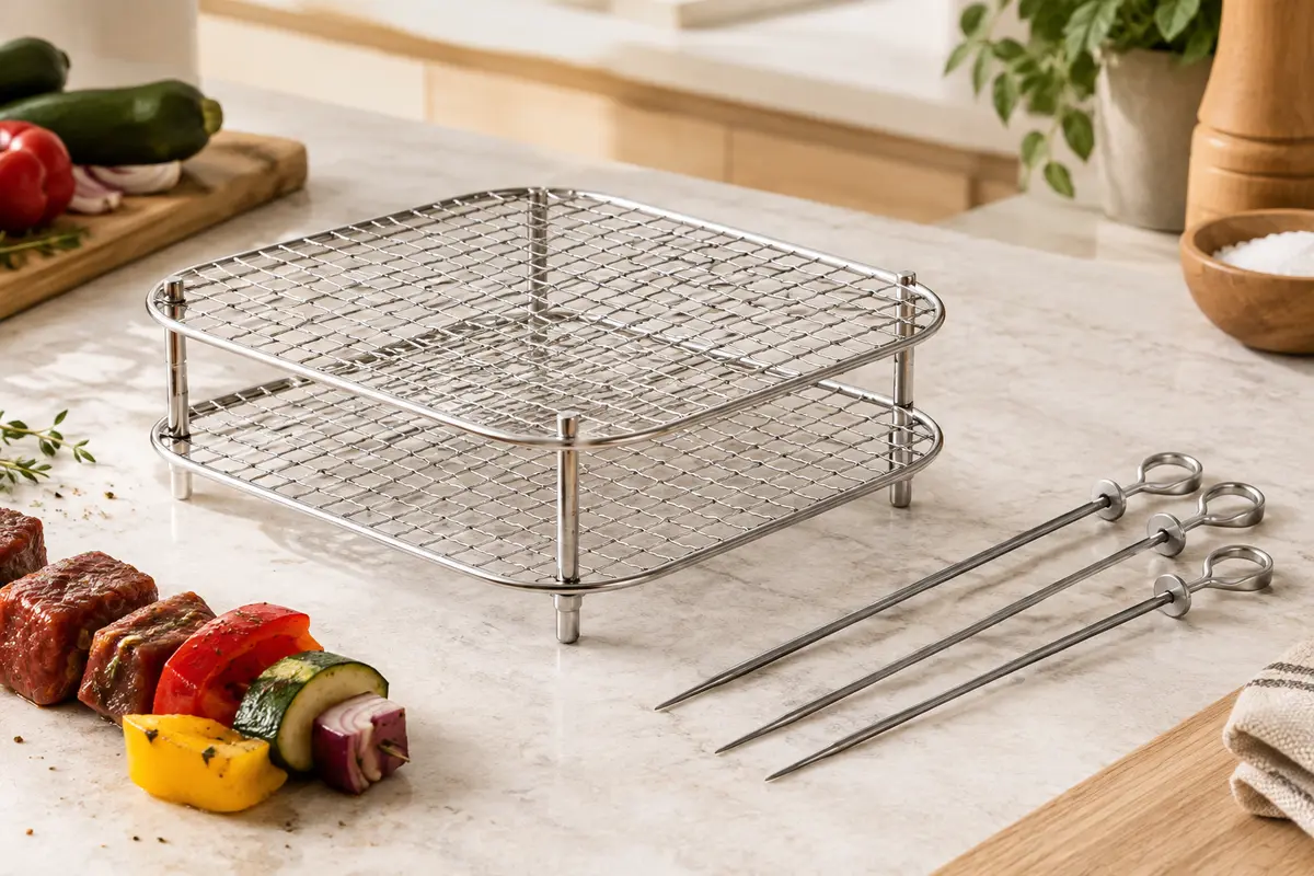 Deux grilles empilables en acier inoxydable pour friteuse à air, accompagnées de trois brochettes