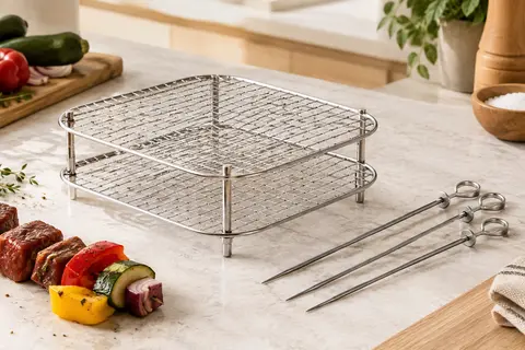 Deux grilles empilables en acier inoxydable pour friteuse à air, accompagnées de trois brochettes