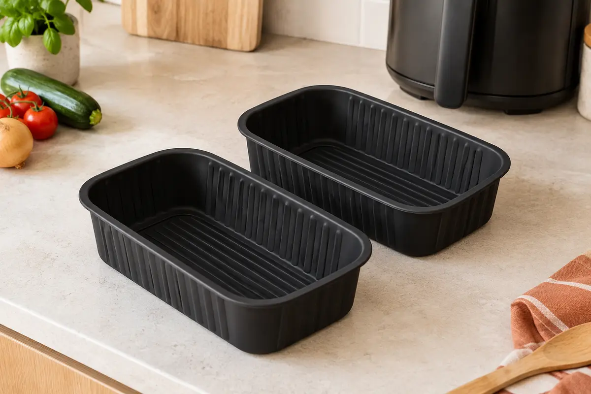 Deux moules rectangulaires en silicone noir posés sur un plan de travail clair, avec leurs rainures visibles.