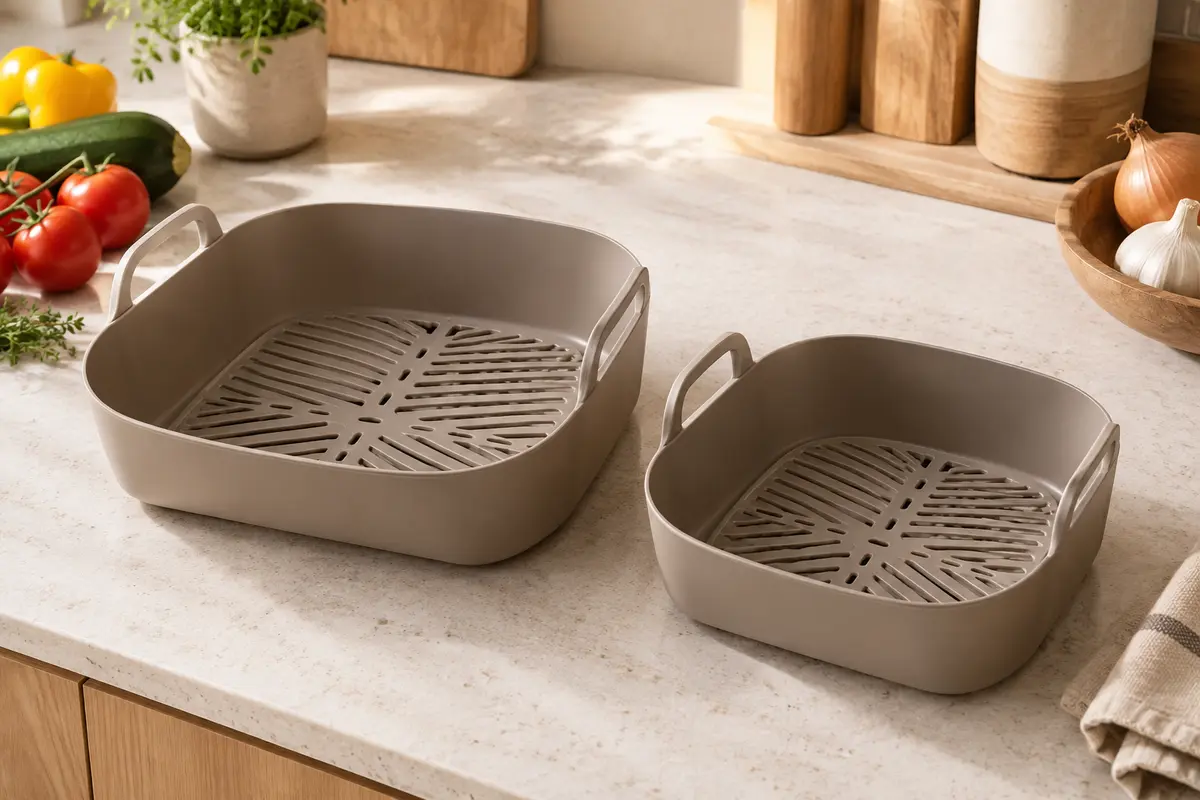 Deux moules souples en silicone de tailles différentes pour friteuse à air double, posés sur un plan de travail clair.