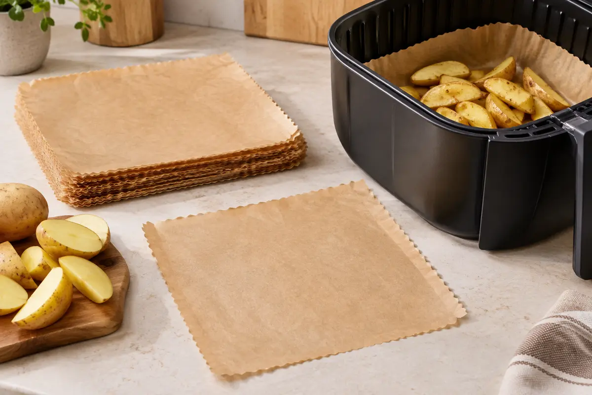 Feuilles carrées de papier cuisson brun clair disposées près d’un panier de friteuse à air