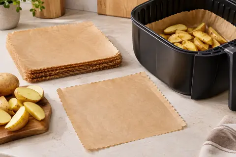 Feuilles carrées de papier cuisson brun clair disposées près d’un panier de friteuse à air