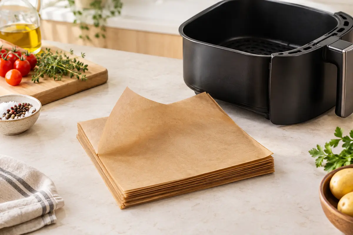 Feuilles de papier sulfurisé carrées brunes près d’un panier de friteuse à air sur un plan de travail clair