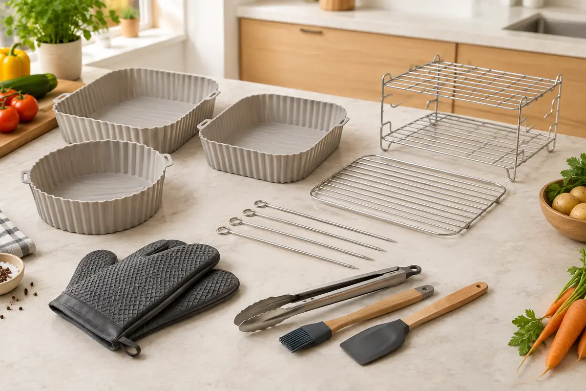 Kit d’accessoires pour friteuse à air avec doublures en silicone, grille en inox, brochettes et ustensiles