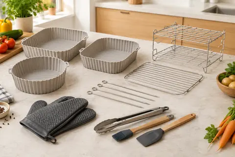 Kit d’accessoires pour friteuse à air avec doublures en silicone, grille en inox, brochettes et ustensiles