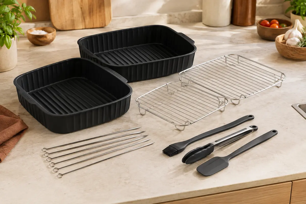 Moules noirs en silicone, grilles et outils réunis dans un kit pour friteuse à air double zone