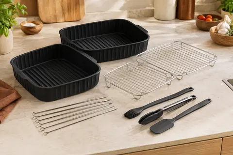 Moules noirs en silicone, grilles et outils réunis dans un kit pour friteuse à air double zone