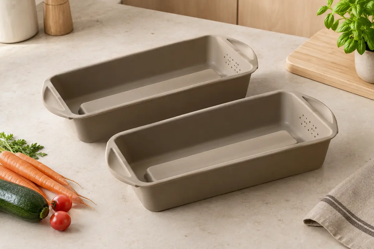Deux moules en silicone à base surélevée posés sur un plan de travail clair, avec des légumes à proximité