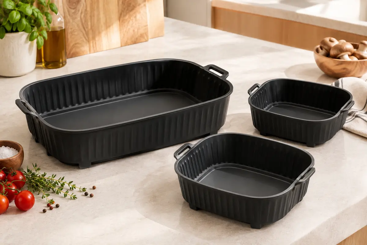 Trois moules noirs en silicone, un grand et deux petits, posés sur un plan de travail clair