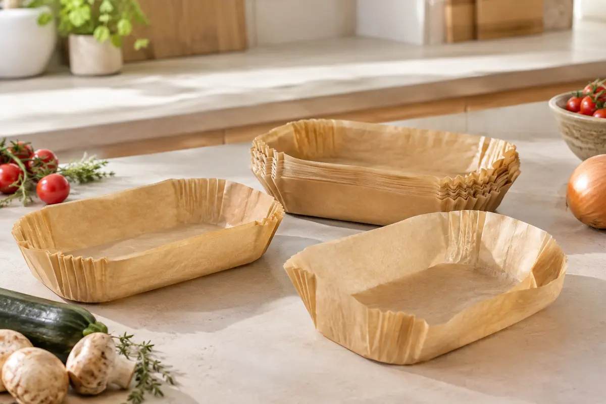Papiers de cuisson rectangulaires en forme de bol, avec bords relevés, posés près de légumes frais.