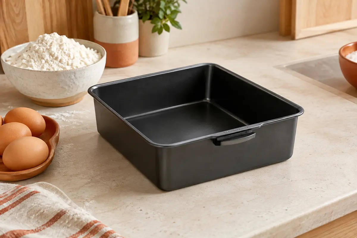 Moule à gâteau noir Haier pour friteuse à air posé sur un plan de travail clair avec quelques ingrédients.
