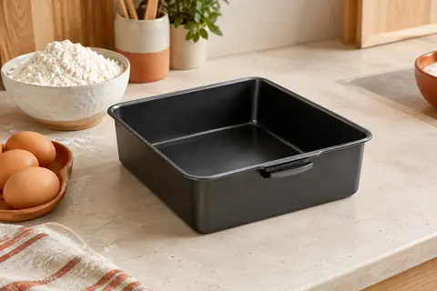 Moule à gâteau noir Haier pour friteuse à air posé sur un plan de travail clair avec quelques ingrédients.