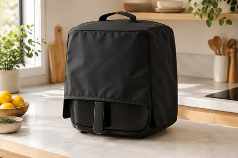 Housse noire en nylon avec poignée posée sur une friteuse à air dans une cuisine claire