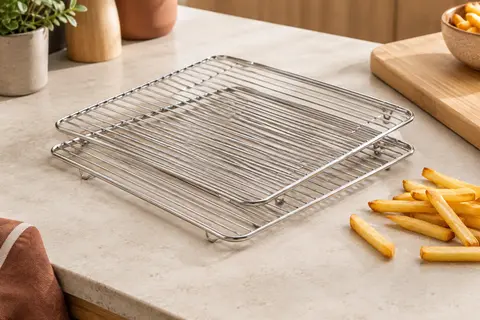 Deux grilles carrées en acier inoxydable superposées sur un plan de travail clair de cuisine