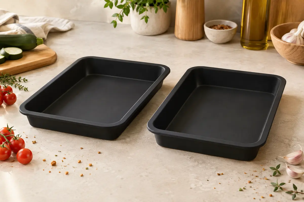 Deux moules rectangulaires en silicone noir posés côte à côte sur un plan de travail clair