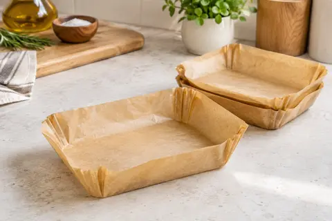 Feuille de cuisson rectangulaire en papier naturel avec rebords relevés, posée sur un plan de travail clair.