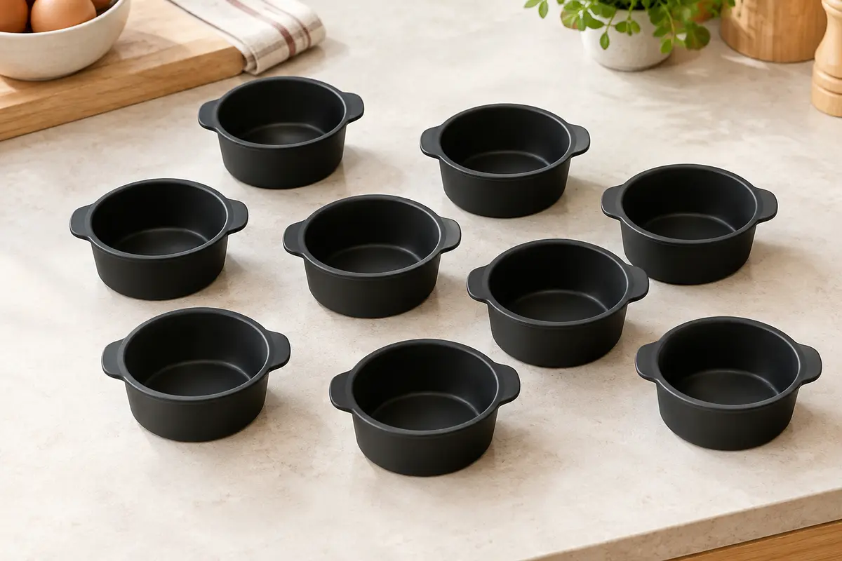 Dix moules ronds noirs en silicone avec poignées, disposés sur un plan de travail clair