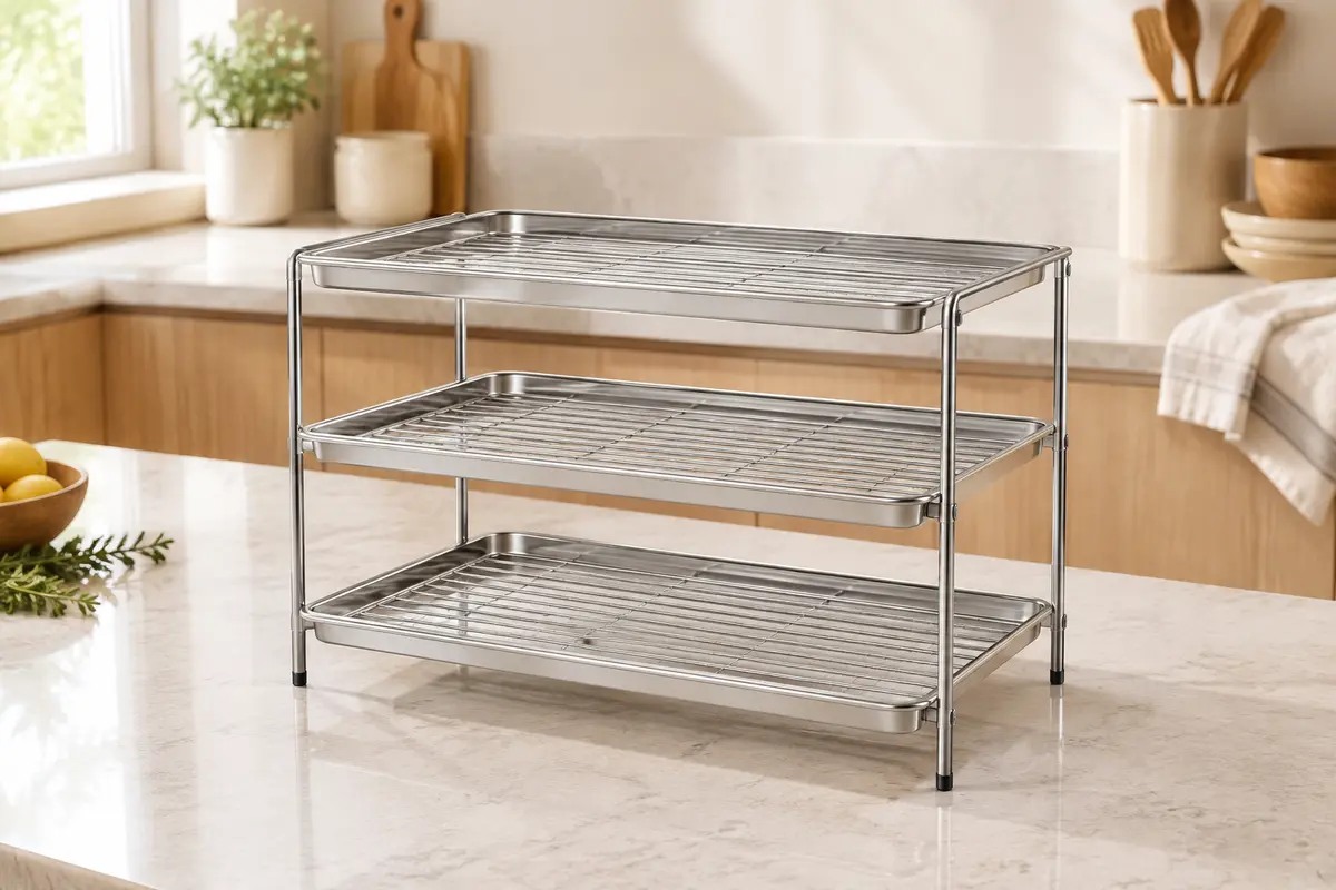 Grille de cuisson argentée à trois niveaux en acier inoxydable, posée sur un plan de travail clair.