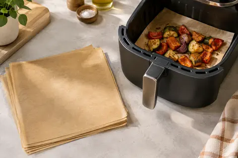 Feuilles carrées de papier cuisson brun-jaune près d’un panier de friteuse à air avec des légumes