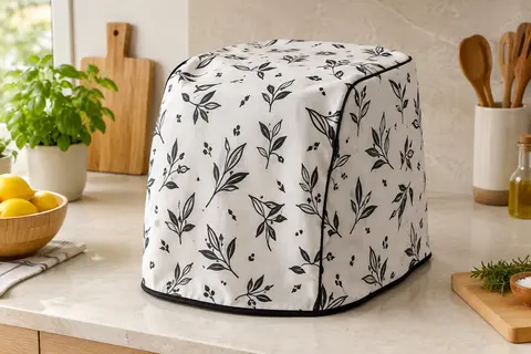 Housse textile blanche et noire couvrant une friteuse à air sur un plan de travail clair