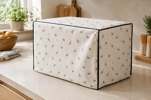 Housse rectangulaire blanche à motif de pissenlits noirs recouvrant une friteuse à air