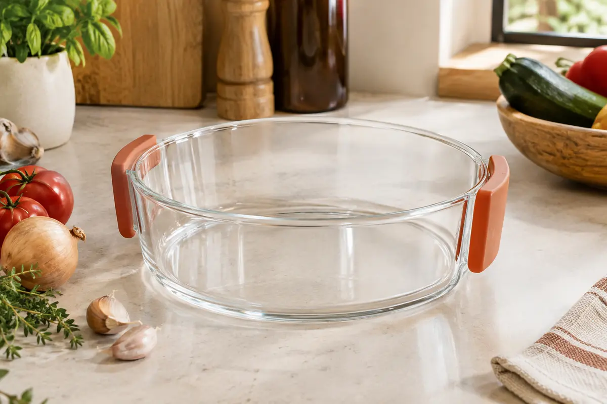 Plat rond transparent en verre borosilicaté avec poignées en silicone, posé sur un plan de cuisine clair.