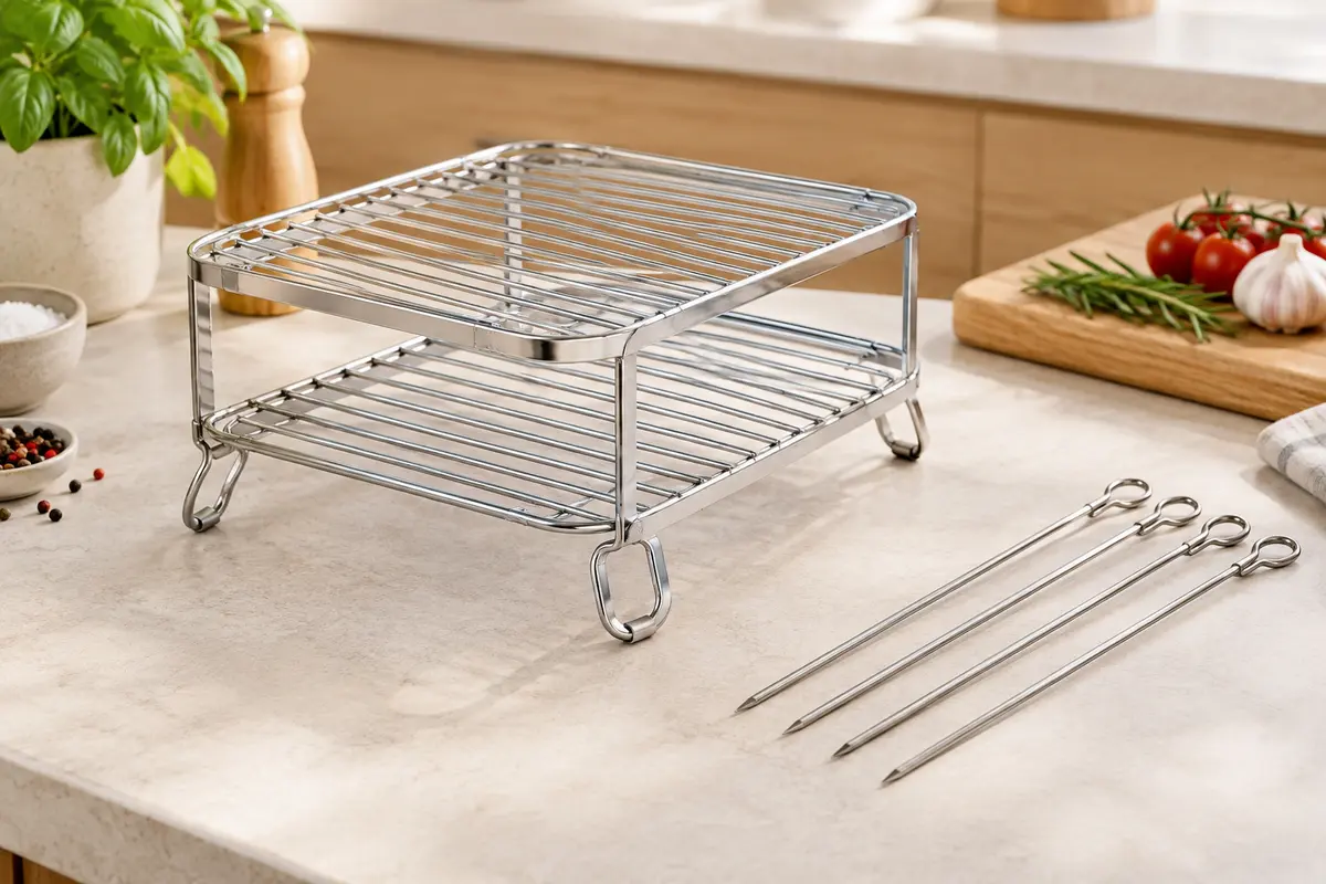 Support de cuisson surélevé en acier inoxydable avec quatre brochettes, posé sur un plan de travail clair.