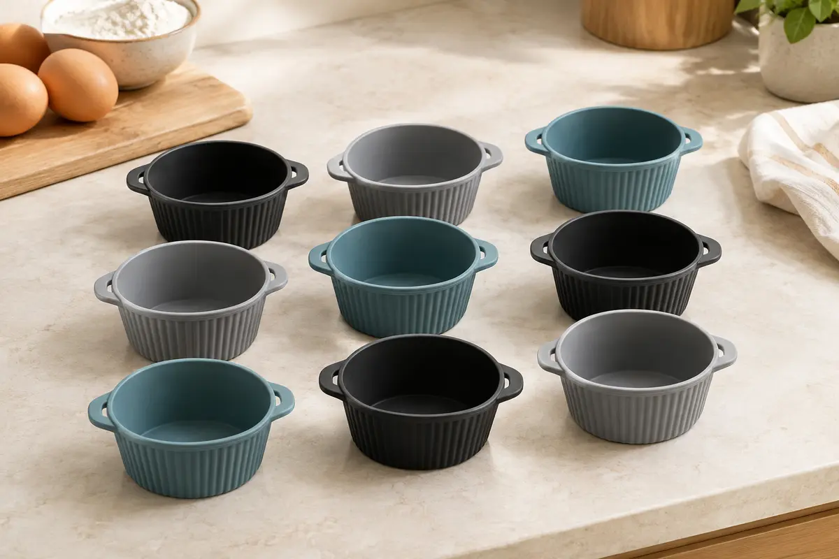 Neuf moules individuels en silicone noir, gris et bleu lac disposés sur un plan de travail clair