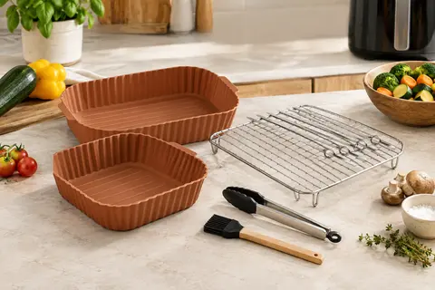 Doublures en silicone, grille avec brochettes et ustensiles de cuisine pour friteuse à air