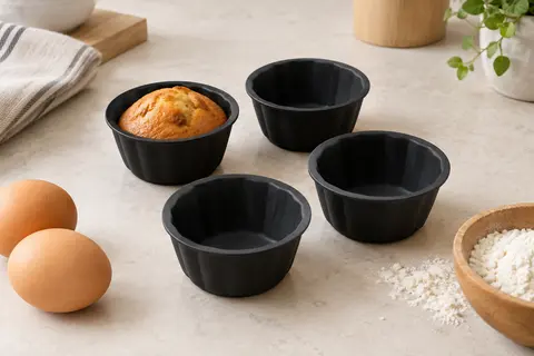 Quatre moules individuels en silicone noir, dont un avec un muffin, sur un plan de travail clair