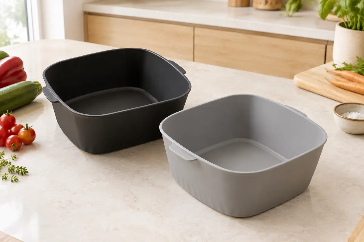 Deux moules carrés en silicone noir et gris pour friteuse à air, posés sur un plan de travail clair.