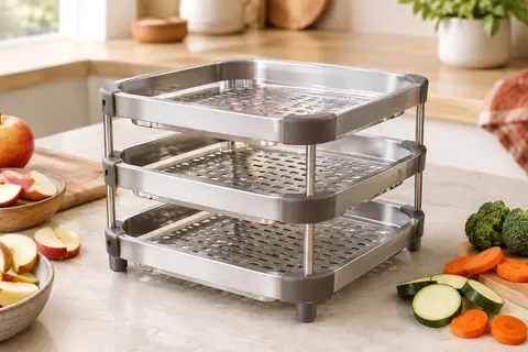 Grille carrée Mapille en acier inoxydable, empilée sur trois niveaux avec plateaux ajourés amovibles