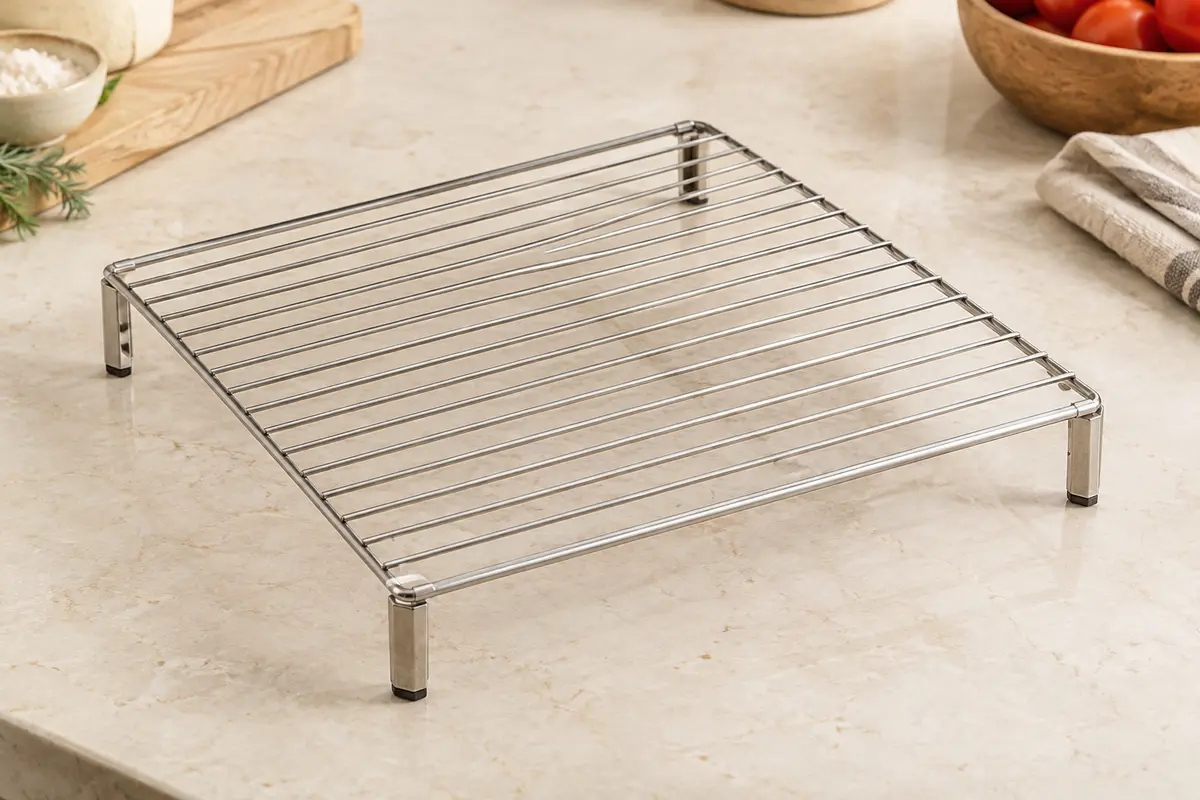 Grille carrée en acier inoxydable sur pieds courts, posée sur un plan de travail clair