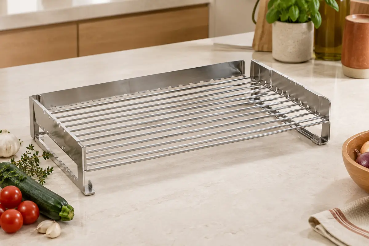 Grille réversible en inox S304 à barreaux ouverts, posée sur un plan de travail clair.