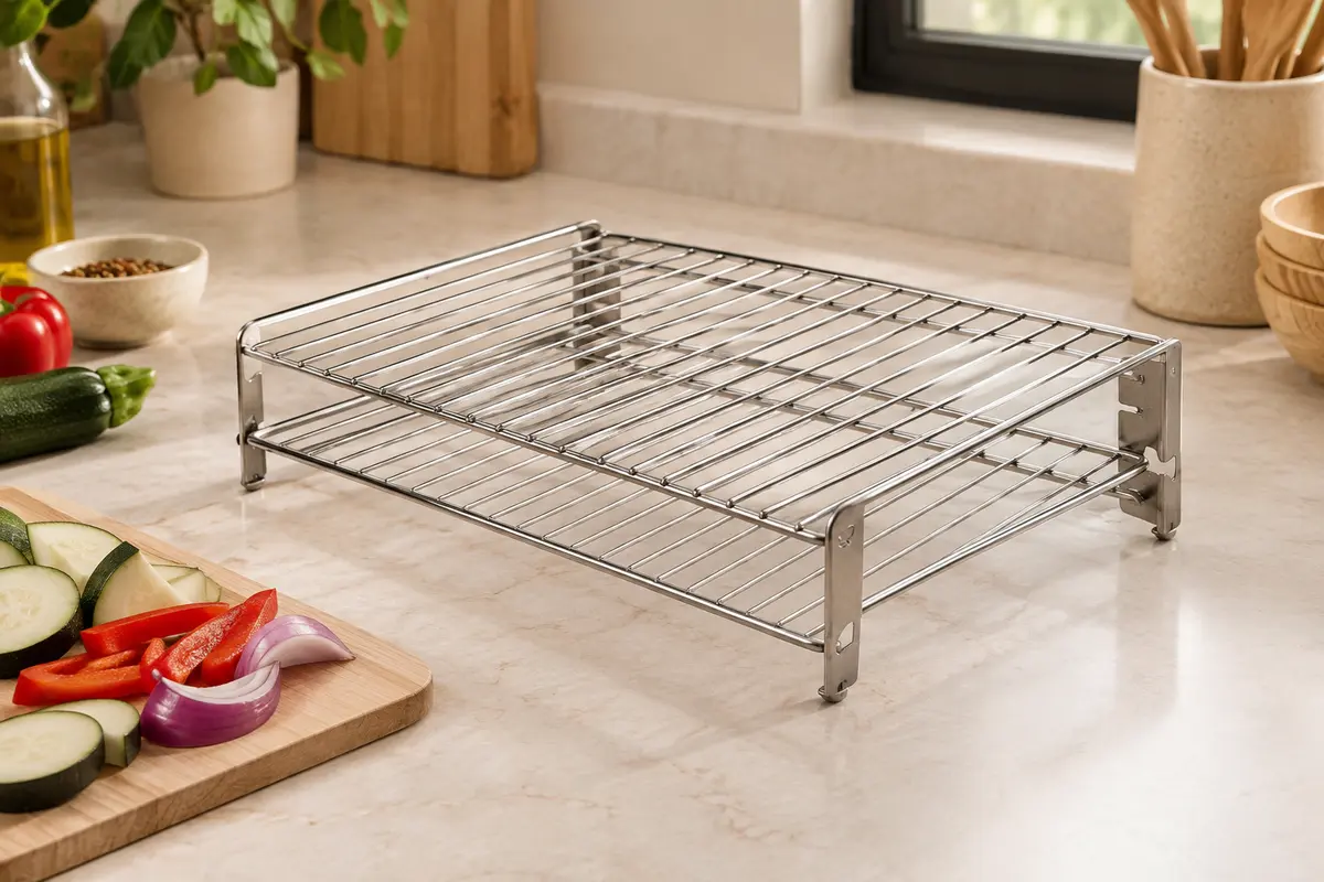 Grille rectangulaire surélevée en acier inoxydable, posée sur un plan de travail clair avec des légumes.