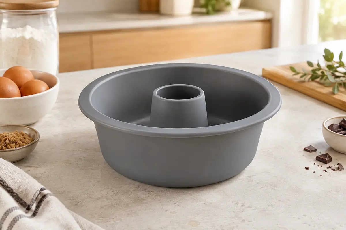 Moule à savarin gris en silicone de 18 cm, avec trou central, posé sur un plan de travail clair