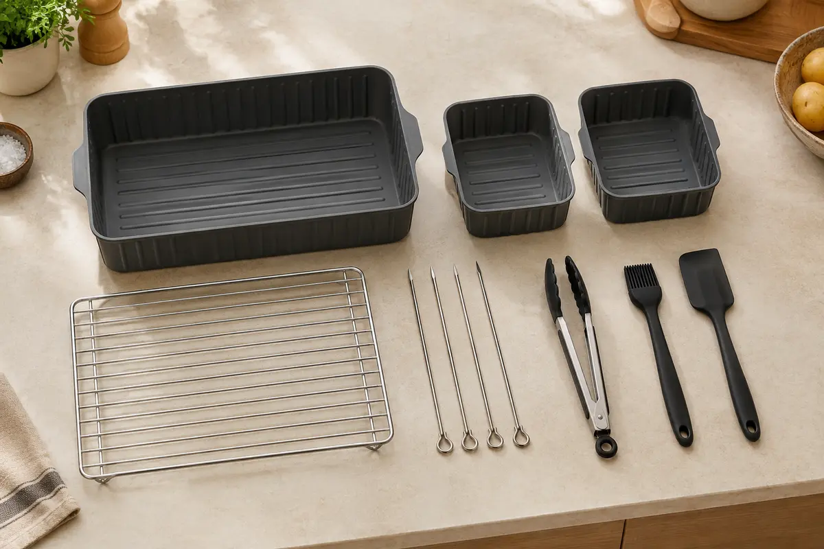 Kit pour friteuse à grand tiroir : trois inserts rectangulaires en silicone, grille, brochettes et ustensiles