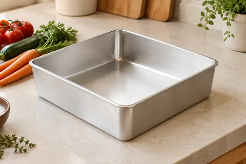 Plat carré en aluminium argenté à bords hauts, posé sur un plan de travail clair près de légumes