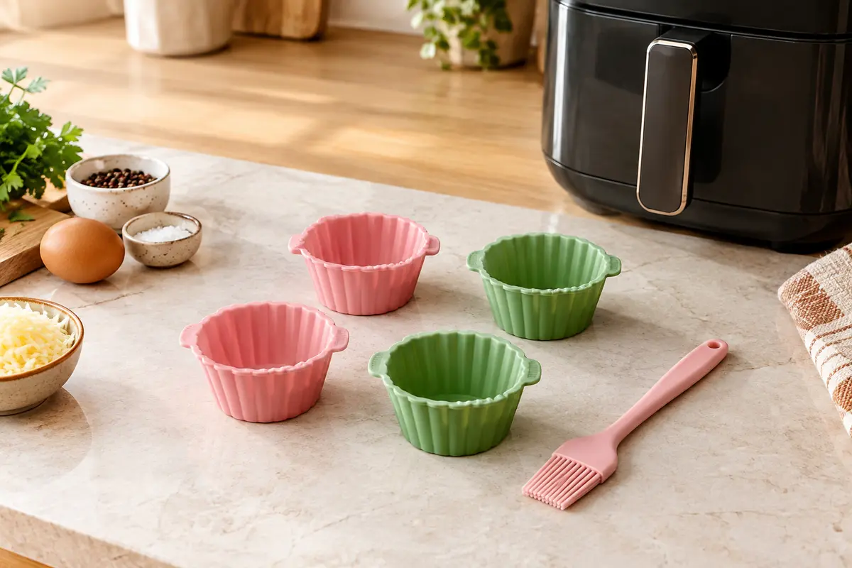 Quatre moules individuels en silicone rose et vert avec un pinceau rose sur un plan de cuisine clair