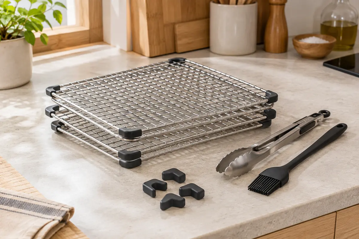 Trois grilles carrées en acier inoxydable empilées avec coins en silicone, pince et brosse sur un plan clair.