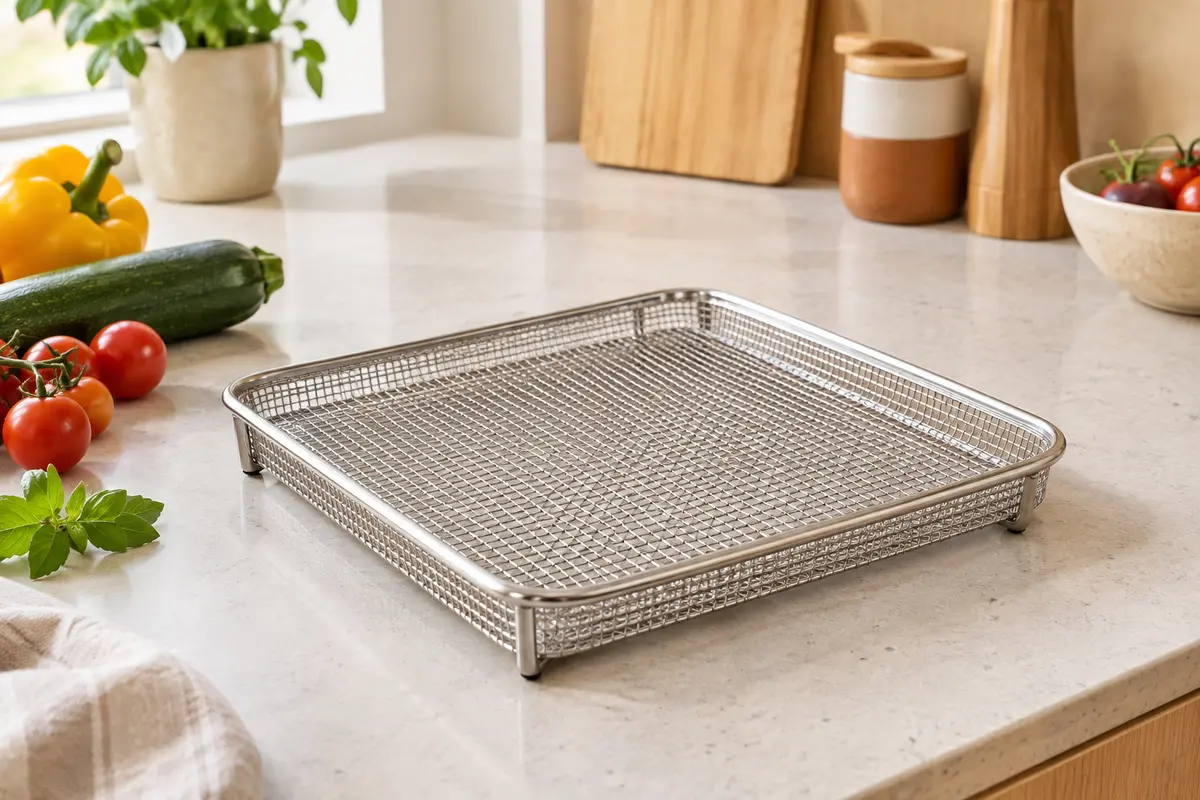 Grille carrée en acier inoxydable posée sur un plan de travail clair près de quelques légumes