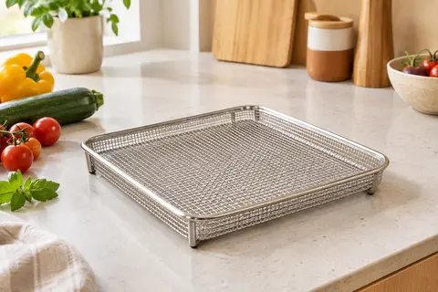 Grille carrée en acier inoxydable posée sur un plan de travail clair près de quelques légumes