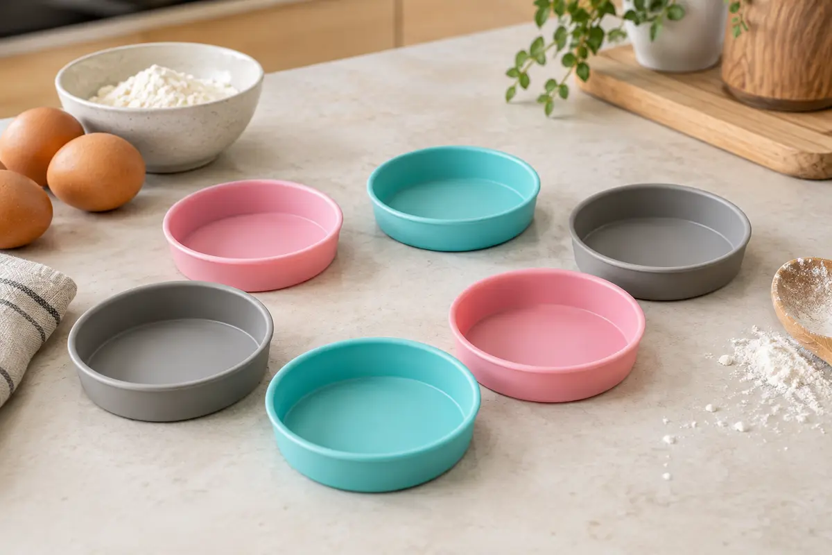 Six moules ronds en silicone cyan, rose et gris posés sur un plan de travail clair
