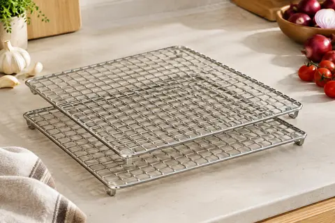 Deux grilles carrées en inox empilables, posées sur un plan de travail clair près de légumes frais.