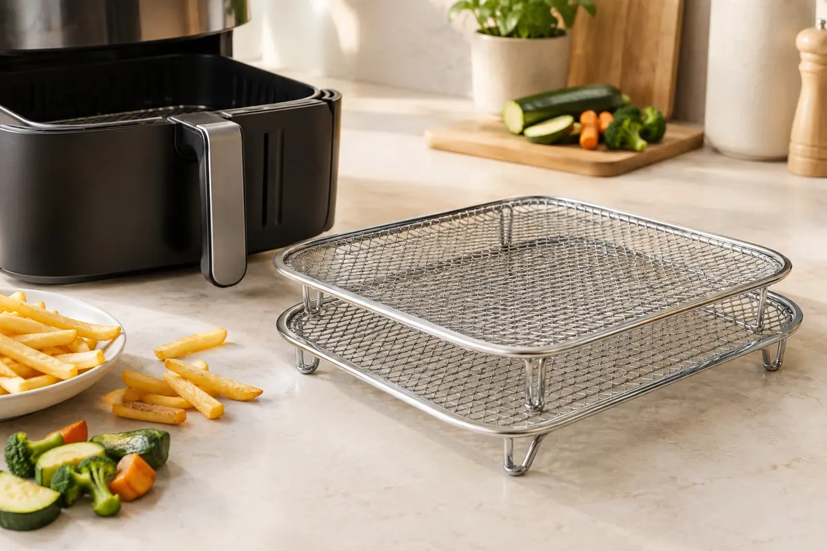 Deux grilles empilables argentées en acier inoxydable présentées près d’un panier de friteuse à air