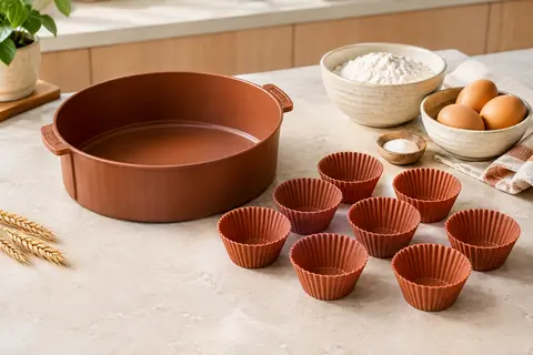 Moule de cuisson Philips et neuf caissettes à muffins en silicone disposés sur un plan de cuisine clair