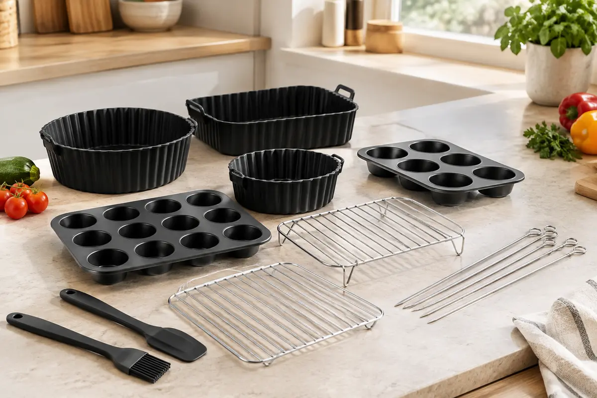 Kit Pietuley avec moules noirs en silicone, grilles et ustensiles en acier inoxydable sur un plan clair.